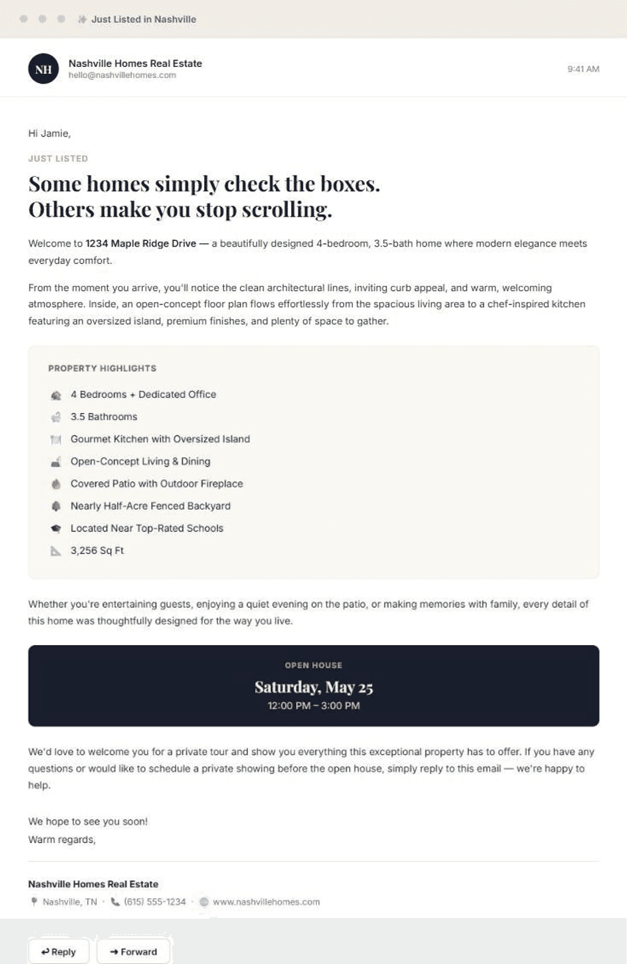 Example listing email created with CurbCopy